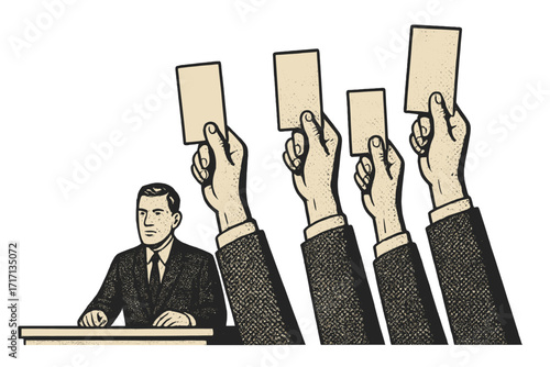Retro style election voting process illustration with hands raised holding papers, bidding and sale concept, vintage halftone vector collage isolated, cartoon business and decision making