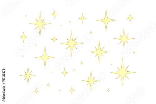 Vector space with shining stars, glowing star shapes on transparent background, bright celestial starburst pattern, cartoon vector illustration space design
