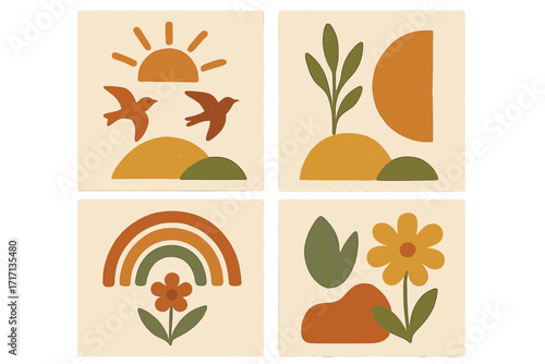 Vintage summer card set with abstract nature elements, organic geometric shapes, naive art style, hand-drawn birds, flowers, sun, rainbow, simple flat colorful design, retro boho illustrations