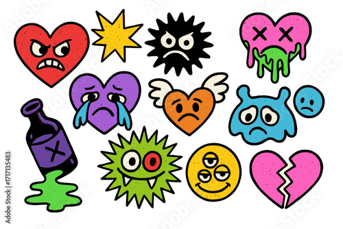 Set of retro hearts and funny grungy elements, comic characters in trendy Y2K psychedelic weird style, neon 2000s aesthetics, anti-Valentine's Day concept, pop culture designs