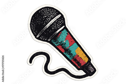 Karaoke microphone in grunge pop art style. Vector illustration of a halftone paper sticker collage. Zine culture aesthetic for musician performance, punk rock or podcast.