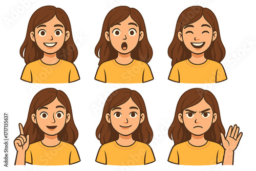 Teenage girl portrait set with diverse facial expressions showing emotions like smiling, surprised, happy, idea, kindness, anger, greeting, young woman isolated on beige background