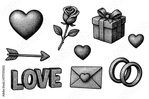 Stippling tones stylish Valentine’s Day elements set with retro grunge vibe and halftone effect, vintage love symbols, hearts, roses, gifts, arrows, rings, romantic design