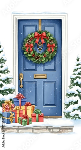 Christmas Door Decorated with Wreath and Gifts.