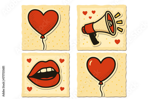Valentine's Day retro collage set. Vector illustrations with paper cut effect. Pop art symbols like heart balloon, megaphone for love announcement, and female red lips.