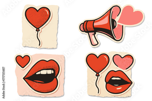 Valentine's Day retro collage vector set. Mixed media art with halftone paper cut symbols. Love announcement with megaphone, red heart balloon, female mouth lips for a kiss.
