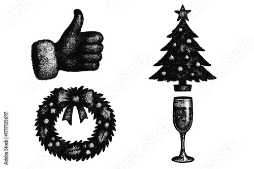 Trendy halftone zine photocopy effect Christmas and New Year grunge punk grain dotted collage art with Santa hand thumbs up, decorated Christmas tree on champagne glass, festive wreath with bow