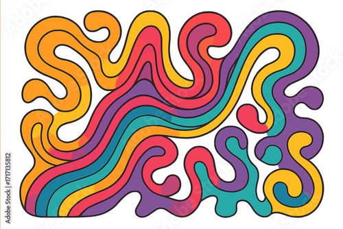 Psychedelic retro background with liquid groovy rainbow lines. 1960s vector illustration. 70s hippie vintage style. Abstract fluid art pattern for poster or t-shirt.