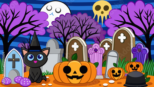 Cute cartoon black cat wearing a witch hat sits in a spooky graveyard with pumpkins and ghosts on halloween night