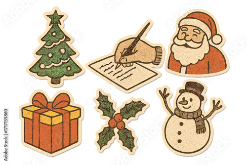 Vintage halftone Merry Christmas collage with hand writing letter to Santa Claus, retro New Year vector paper stickers, trendy dotted texture vector design, holiday celebration elements