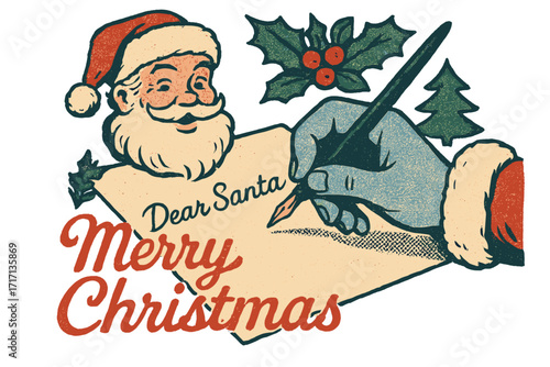 Vintage Merry Christmas design with hand writing a letter to Dear Santa, colorful halftone collage style illustration, retro festive greeting, holiday poster, banner concept