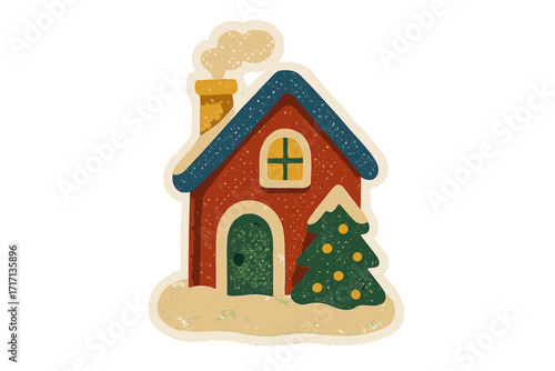 Winter house with Christmas tree and chimney smoke, torn paper sticker in naive halftone collage style, vintage clay toy look, cartoon vector illustration with transparent background