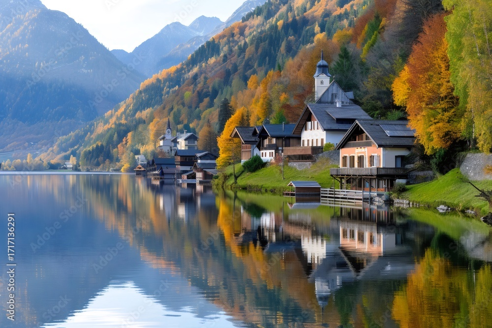 Fototapeta premium Grundlsee reflecting traditional austrian houses during autumn season
