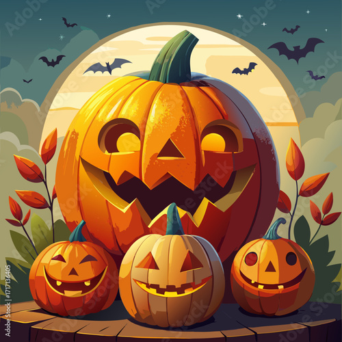 Spooky halloween night with glowing jack o lanterns and flying bats against a large moonlit sky