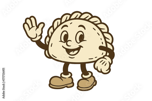 Cute retro empanada mascot character. Vintage cartoon food from Latin America. Happy smiling pastry with gloved hands and boots waving. Vector illustration for logo or brand.