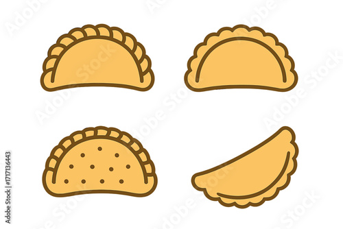 Empanada icons set. Flat simple vector of Spanish fried patty or cheburek. Isolated food elements. Vector cartoon illustration of traditional Latin American baked pastry snack.