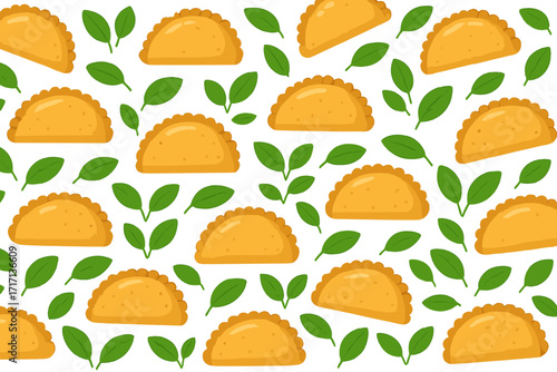 Empanadas seamless pattern. Traditional Latin American and Spanish fried pie background. Flat style vector illustration for cafe menu, fast food snack design with green leaves.