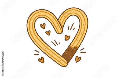 Cute heart shaped churro with chocolate dip. Vector cartoon illustration of a traditional Spanish or Mexican dessert. Sweet pastry snack for Valentine's Day or bakery menu.
