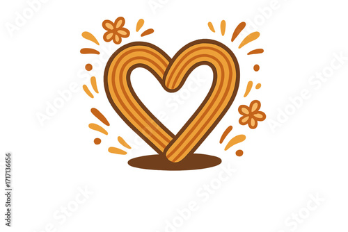 Churros heart shape vector illustration. Spanish sweet dessert food. Cartoon pastry icon for a love concept, bakery logo, or cafe menu. Traditional fried dough pastry.