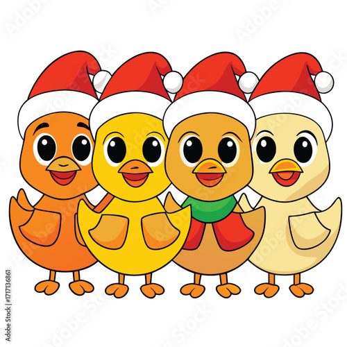 Cartoon colorful chicks with santa hats standing happily together in a line over white