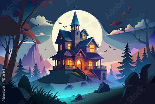 Spooky haunted mansion illuminated by a large full moon on a mysterious night with silhouetted trees and mountains