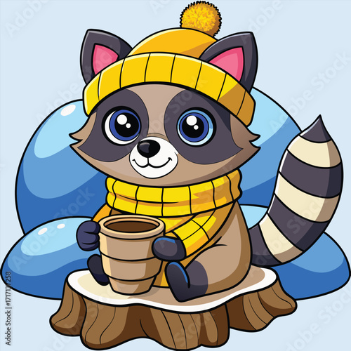 Cartoon raccoon with a yellow hat and scarf sits drinking from a cup