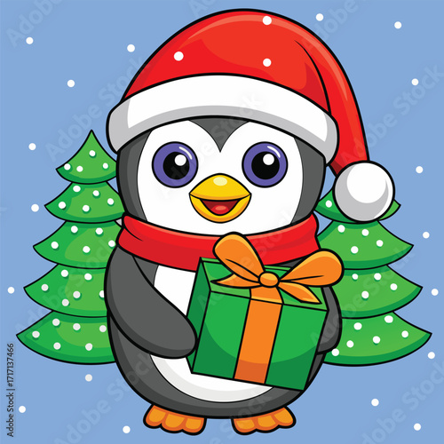 Cartoon penguin wearing Santa hat and scarf holds gift against light blue winter backdrop