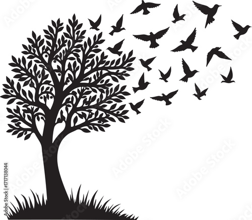 Black silhouette tree with flock of birds flying away