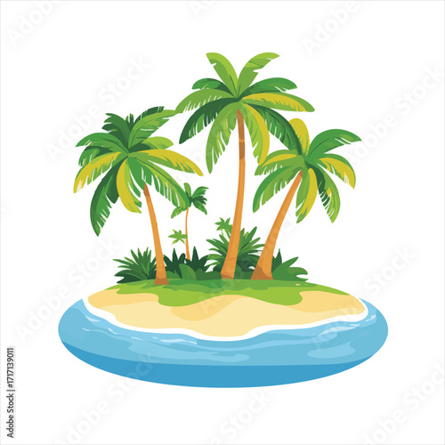 Tropical island paradise. Lush green palm trees stand tall on a small, sandy island surrounded by calm blue water