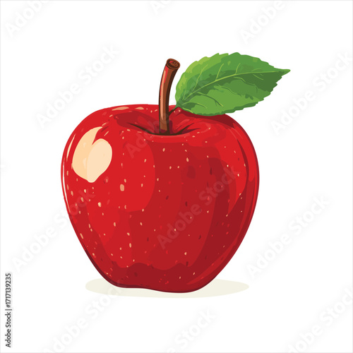 Red apple with a bite taken out of it.  A fresh, whole apple, vibrant red, with a stem and leaf