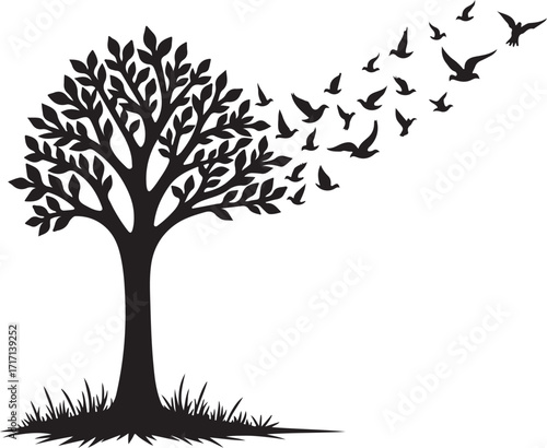 Black silhouette tree with flock of birds flying away