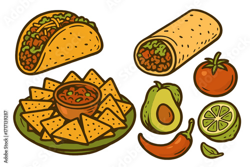 Mexican food vector icon set. Traditional cuisine collection. Taco, burrito, nachos and salsa. Fresh ingredients avocado, tomato, lime, chili. Retro cartoon illustration.