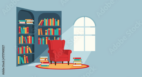 A cozy reading nook with a red chair and bookshelf is shown