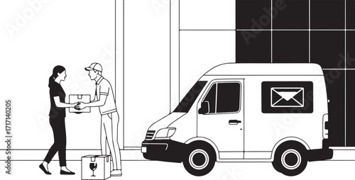 Delivery person hands package to customer