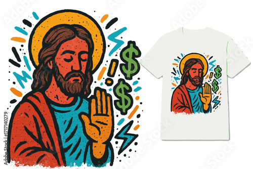 Urban graffiti style textured hand-drawn vector illustration of Jesus with blessing gesture surrounded by dollar signs, modern religious street art design for T-shirts and apparel