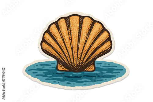 Vintage Seashell Sticker in Halftone Collage Style, Coastal Sea Life Illustration, Isolated Ocean Conch Shell, Tropical Marine Wildlife, Underwater Nature Art