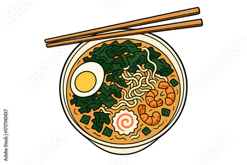 Hand drawn vector of Asian ramen noodle bowl with seaweed wakame, soft boiled egg, narutomaki fish cake, shrimps, nori seaweed, and chopsticks, top view