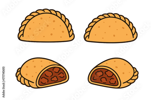 Set of Latin American empanadas vector illustration, whole and half sliced, hand-drawn cartoon style, traditional baked pastry snack with savory filling, food design