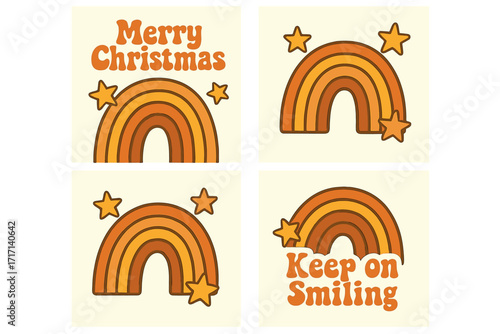 Retro Christmas and New Year Greeting Cards Set with Groovy Rainbow and Star Shapes, Merry Christmas and Keep on Smiling Messages, Vintage Holiday Design Elements