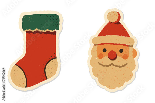 Christmas stocking and Santa Claus face torn paper sticker in naive halftone collage style, vintage clay toy vector illustration with transparent background, festive holiday decoration