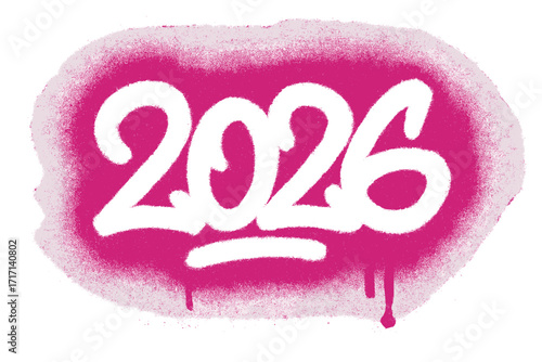 Urban graffiti spray paint tag "2026" in white over vibrant magenta background with texture, overspray effect and dripping paint, street art style vector illustration