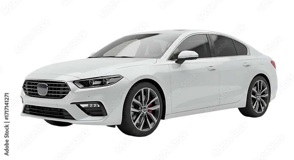 Obraz premium Modern white luxury sedan car with sleek design and alloy wheels on black background