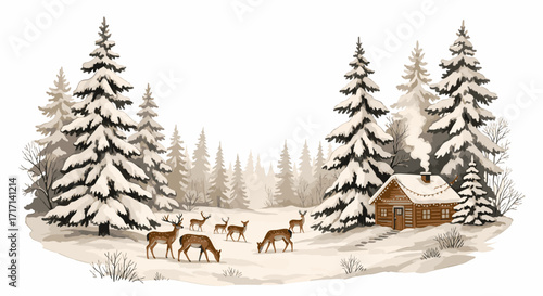 Winter Wonderland Deer Grazing Near a Cozy Cabin in a Snowy Forest