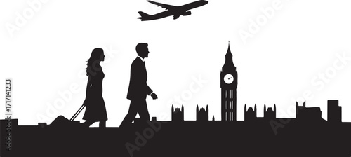 London skyline with people and plane