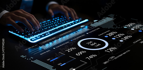 Hands Typing on a Glowing Keyboard with Digital Data and Graphs Presenting Advanced Technology and Data Analysis Concepts in a Dark Environment