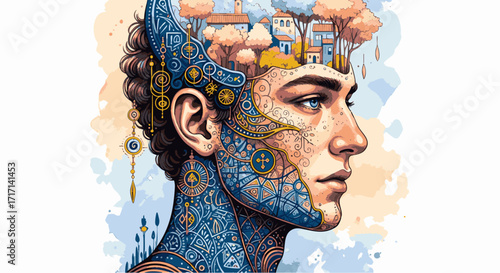 Detailed Profile of a Man's Head with Ornate Blue and Gold Patterns and an Intricate Inner Cityscape Reflecting Imagination, Thoughts, and a Rich Mental Landscape