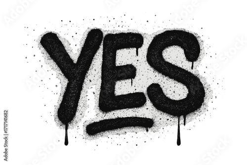 Urban graffiti spray paint "YES" word art with drips, hand-drawn textured vector illustration, street style lettering, bold black aerosol art design, transparent background