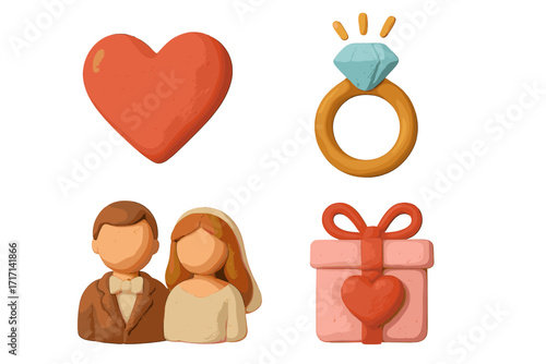 3D Valentine's Day and wedding icon set. Cute clay style illustration collection with love symbols, heart, diamond ring, bride and groom, and gift box. Romantic craft texture.
