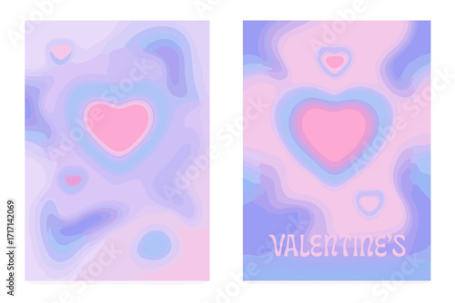 Y2K Valentine's Day party invitation and poster set. Trendy aesthetic with aura hearts and blurry shapes. Modern minimalist vector background with soft gradient effect.