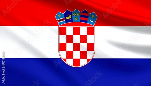 Croatia flag with red, white, blue horizontal stripes and central checkerboard coat of arms with five shields